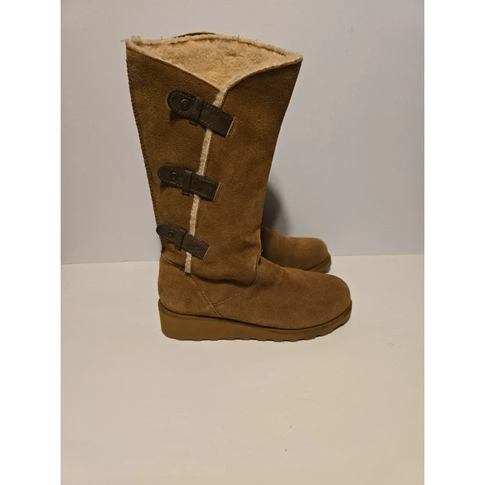 Bearpaw Women Hickory Brown Suede Tall Winter Boots Buckle Detail Wedge Sole‎ 8